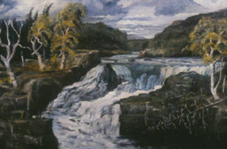 A landscape painting of a waterfall flanked by birch trees with yellow leaves.