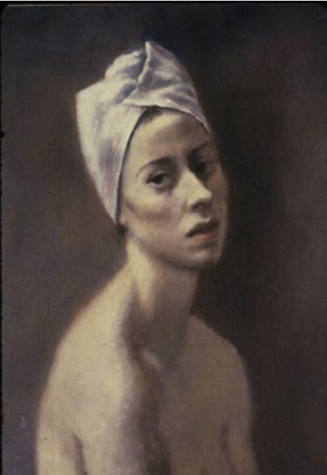 A painting of a nude female facing the proper left with her head tilted back over her shoulder …