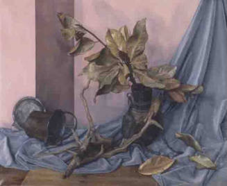 A still life painting of a table draped with blue fabric over which a black vase sits containin…