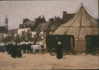 A painting of a tan tent at the end of a row of buildings and a tree-lined street with women in…