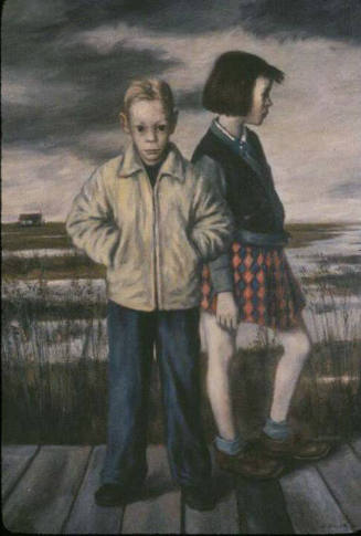 A painting of a boy in a tan jacket and blue jeans standing with legs apart staring intently at…