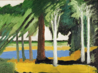 White and brown tree trunks line the golden grassy shores of a bright blue river.