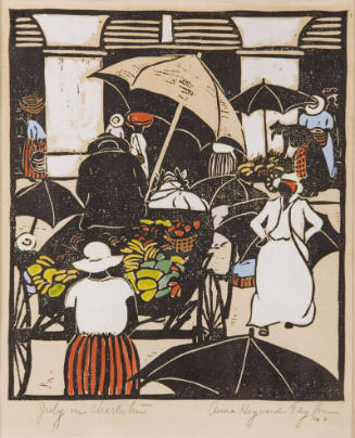A bustling street market with produce carts. 
