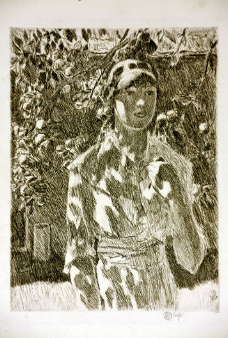 A woman under the shadow of leaves holding a garment over her shoulder. 