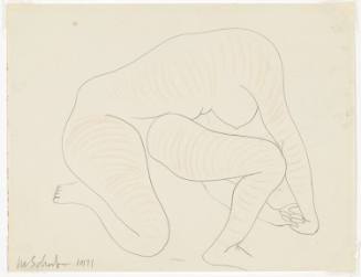 A nude, kneeling female figure covered with pale orange stripes.