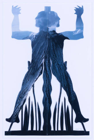 A cut-out of the silhouette of a bisected figure standing among grasses.