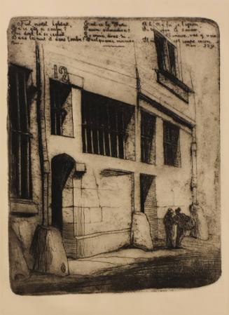 A photogravure of a plain stone building with deep horizontal, rectangular windows looming abov…