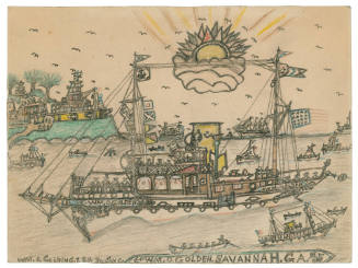 A drawing of a steam schooner emblazoned with the artist's penname "Wm. O. Golden", signal flag…