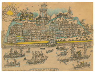 A drawing of ships sailing passed a landmass with rows of buildings stacked upon each other wit…