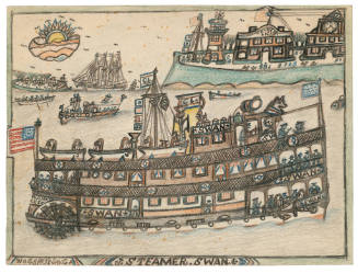 A drawing of a steamboat with three decks sailing passed a plot of land on the horizon with a w…