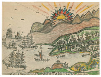 A drawing of ships anchored off the coast of a mountainous island and a city by the bay. In the…