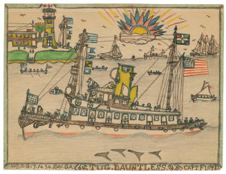 A drawing of a tugboat sailing passed a plot of land on the horizon with a yellow lighthouse. 