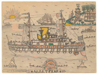 A drawing of a militarized steam ship sailing passed a plot of land in the distance with a stri…