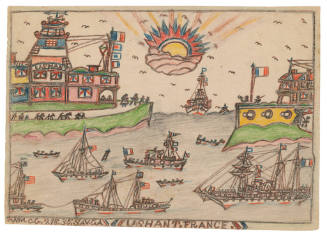 A drawing of boats sailing into a bay between two land masses; on the left a red, white, and bl…