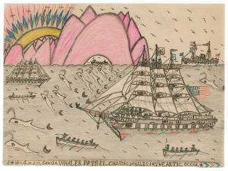 A drawing of a whaling ship following a pod of whales, sailing passed pink glacial mountains be…