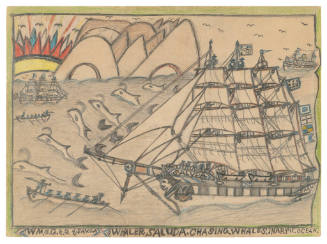 A drawing of a whaling ship following a pod of whales and sailing passed glacial mountains and …