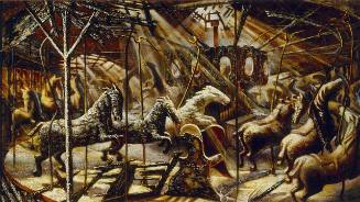 An oil painting depicting a broken-down carousel of horses in a large fire-damaged room. Twiste…