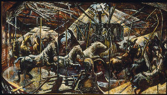 A broken-down carousel of horses in a large, damaged room with splintered wood and twisted meta…