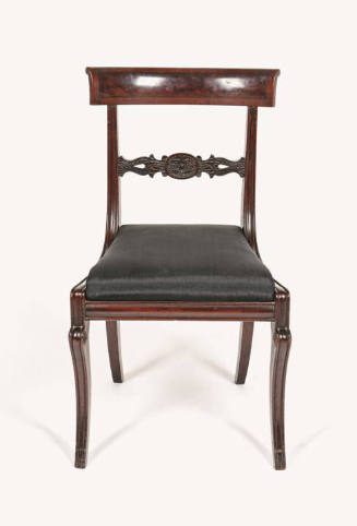 One of twelve dining or side chairs made from mahogany with ebonized stringing and gray horseha…