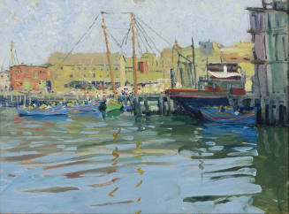 Colorful oil painting of a harbor scene; bottom half is of loosely-painted water, top half show…