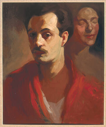 A portrait of a man in a red robe and white shirt with dark brown hair and mustache with his he…