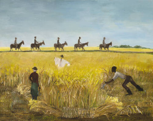 A painting of two figures cutting wheat in a field with a scarecrow watching five figures on ho…