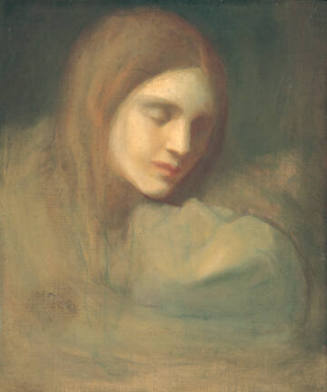 A portrait of a red-headed woman looking down at a mirror image of herself in blue.

