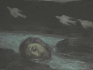 A painting of a severed head floating in a stream with three white doves flying above.

