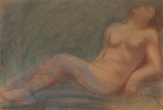 A chalk drawing of a recumbent female nude with her upper torso raised slightly, resting on her…