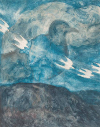 A watercolor of a mountain under a cloudy blue sky containing an impression of a large dove ove…