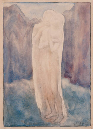 A watercolor landscape of a lightly drawn nude female standing on a blue ground with her arms c…