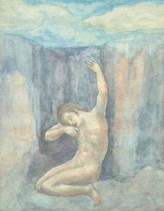 A watercolor of a kneeling nude figure with the head resting on the proper right arm and the pr…