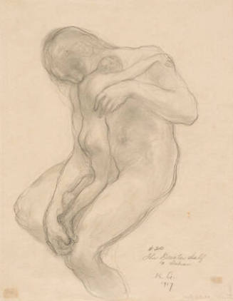 A drawing of a large nude female holding and comforting a smaller nude figure kneeling on the t…