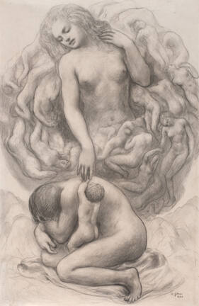 A drawing of a large nude female emerging from a swirling mass of nude female figures with a ha…