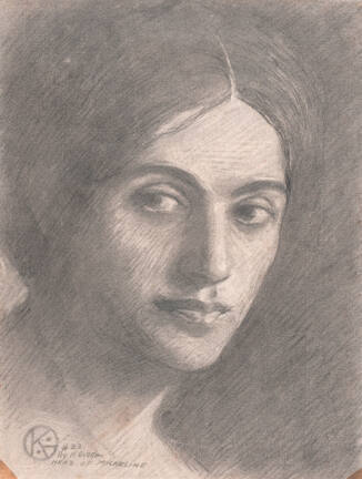 A portrait drawing of a woman looking towards the viewer with her dark hair pulled back and par…