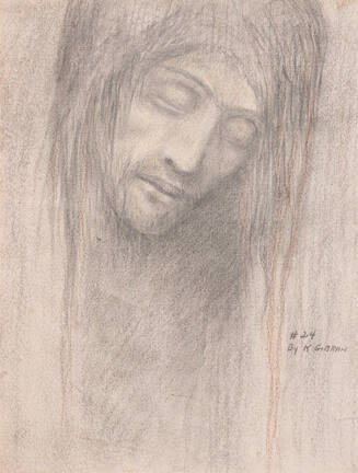 A drawing of the disembodied head with eyes closed and thin red streaks flowing from the scalp.…