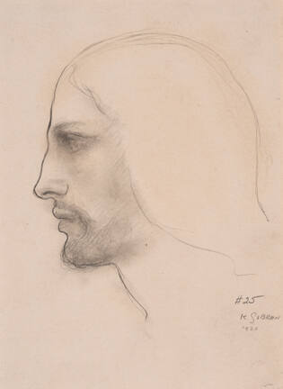 A drawing of a man's face in left profile with a gestural line giving the impression of long ha…