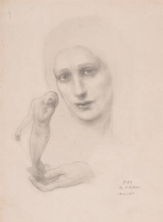 A drawing of a woman's face with her hand holding a smaller nude female figure with her head re…
