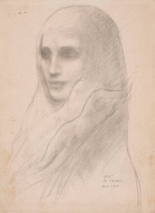 A drawing of a woman with her body and head turned to the left with dark shadows creating the e…