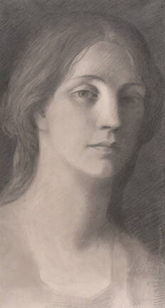 A portrait drawing of a woman with long hair loosely pulled back at the neck with deep set eyes…