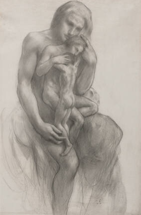 A drawing of a seated nude figure holding a smaller nude figure propped up on the figure's lap …