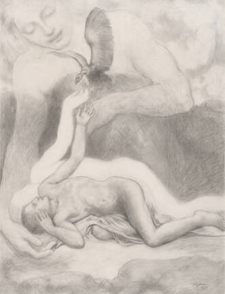 A drawing of a nude man lying on the ground with a shadow of his soul behind him both reaching …