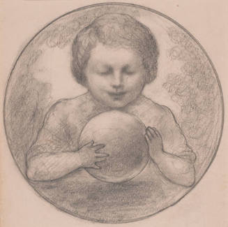 A circular pencil drawing of a child holding a sphere.
