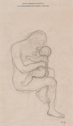A pencil drawing of a seated nude female holding a nude infant on her lap.
