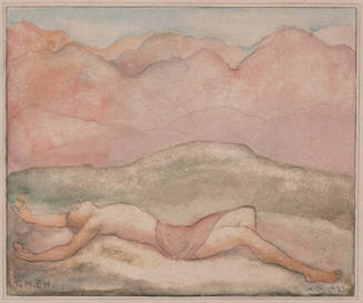 A watercolor of a prone figure in the foreground with red mountains in the background.

