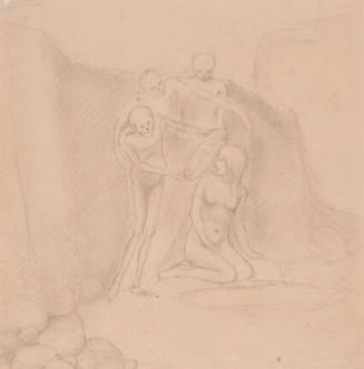 A pencil drawing of a kneeling nude woman looking into a mirror held by one of three skeletal f…