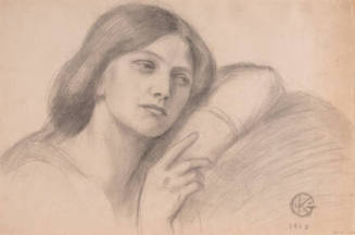A drawing of a woman leaning against a cushion with her head resting on her proper left arm.

…