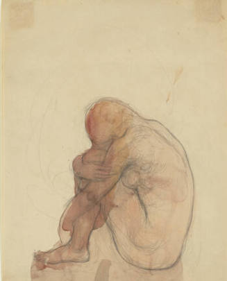A watercolor of a seated figure of woman with her head on knees.
