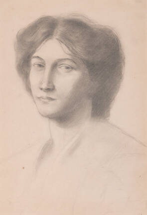 A portrait drawing of a woman looking at the viewer with her body turned to the left. Her hair …