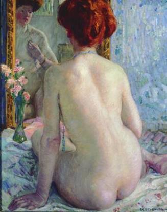 A view from behind of a nude woman with red hair, seated in front of a gilt-edged mirror, her r…